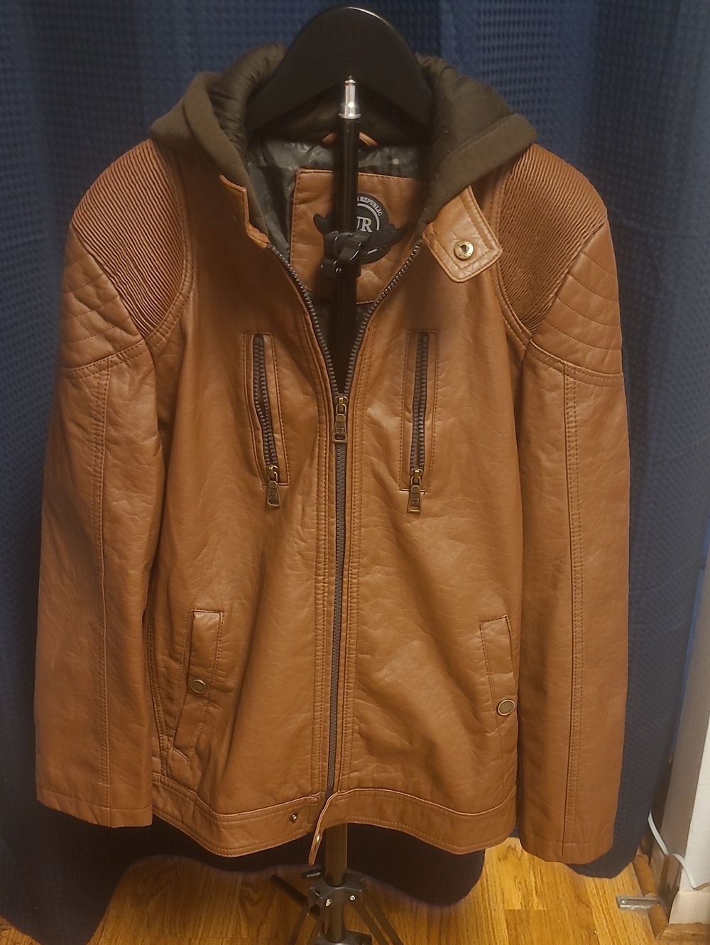 Urban Republic Tan Faux Leather Bomber with Black Hood